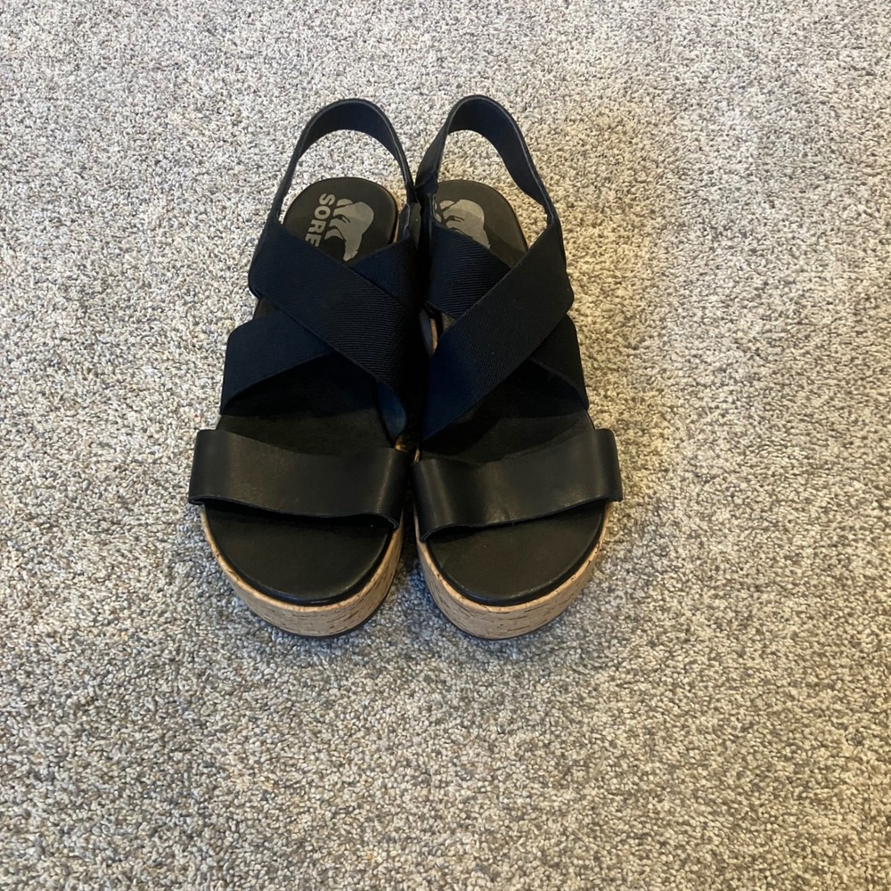 Sorel Cameron Flatform Black Leather Cork Wedge Sandals Womens 6.5 Edgy Boho - Picture 2 of 7